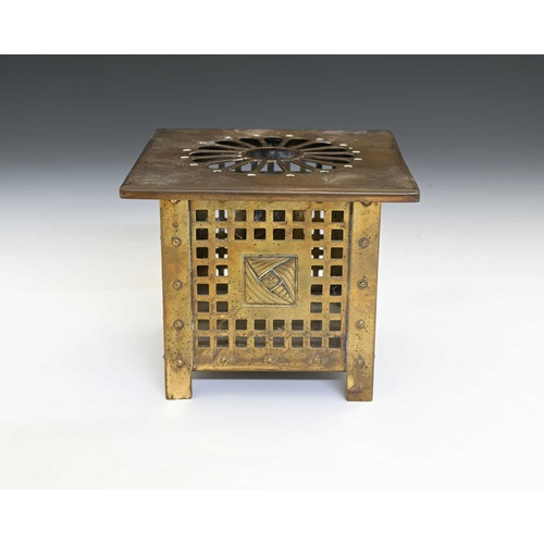 167 - Margaret Gilmour, a Scottish Arts and Crafts Glasgow School brass burner trivet, reticulated cuboid ... 