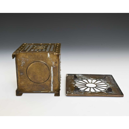 167 - Margaret Gilmour, a Scottish Arts and Crafts Glasgow School brass burner trivet, reticulated cuboid ... 