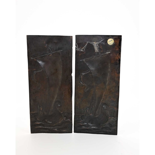 168 - A pair of Arts and Crafts repousse copper plaques or door plates, in the Newlyn style, decorated wit... 