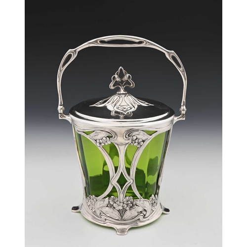 169a - WMF, a Jugendstil silver plated biscuit barrel, model 231, reticulated with green glass liner, top h... 