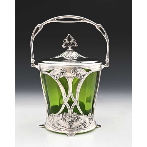 169a - WMF, a Jugendstil silver plated biscuit barrel, model 231, reticulated with green glass liner, top h... 