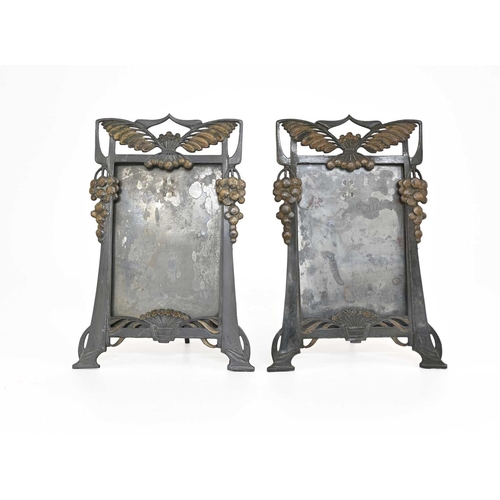 170 - A pair of Jugendstil gilt pewter photo frames, circa 1910, open bracketed rectangular form, cast wit... 