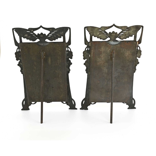 170 - A pair of Jugendstil gilt pewter photo frames, circa 1910, open bracketed rectangular form, cast wit... 