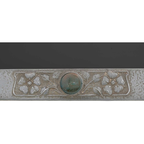 175 - An Arts and Crafts pewter and Ruskin cabochon set mirror, planished rectangular form with flat pedim... 