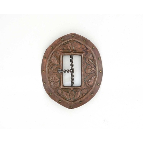 179 - Richard Llewellyn Rathbone, an Arts and Crafts copper and brass rivetted buckle, circa 1900, navette... 