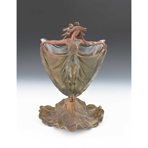 183a - An Art Nouveau patinated art metal and glass vase, modelled as a maiden with outstretched arms