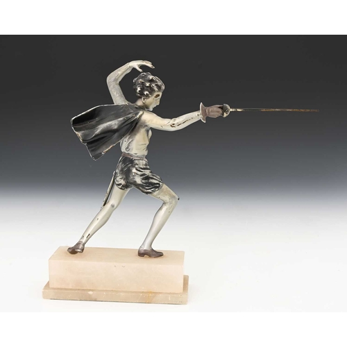 183 - Josef Lorenzl, The Fencer, an Art Deco silvered bronze figure with a cold painted red cape, modelled... 