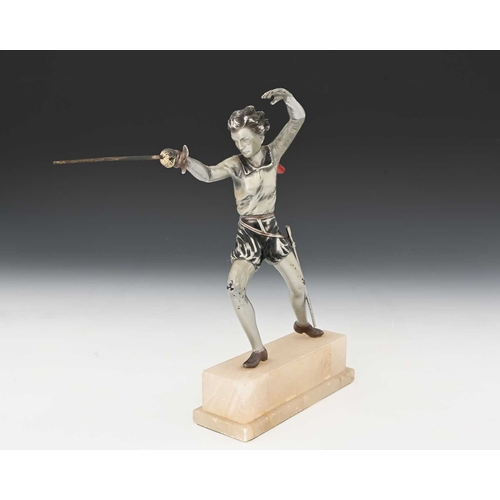 183 - Josef Lorenzl, The Fencer, an Art Deco silvered bronze figure with a cold painted red cape, modelled... 