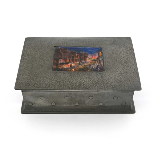 186 - Charles Fleetwood Varley for Liberty and Co., an Arts and Crafts pewter and enamelled cigar box, cir... 