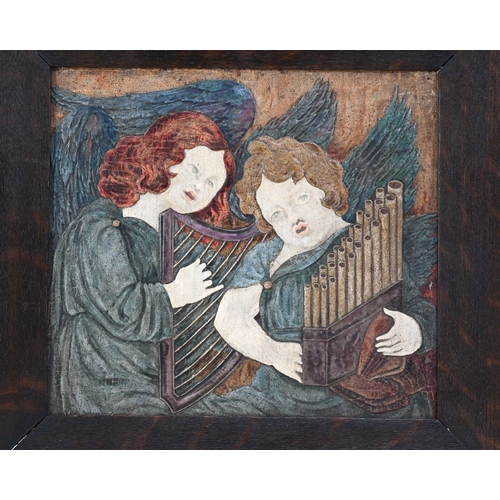 189 - Ada Clegg, an Arts and Crafts gesso panel of two musical angels, 1900, modelled in low relief and pa... 