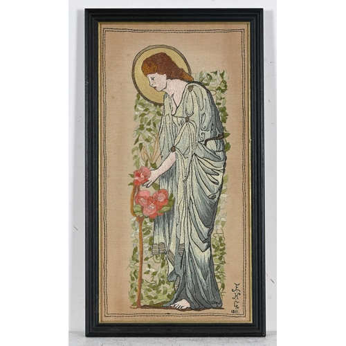 192 - After Edward Burne Jones for William Morris, an Arts and Crafts embroidered panel, in the PreRaphael... 