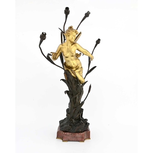 201 - Gustavo Obiols, an Art Nouveau bronze figural lamp, modelled as a gilt fairy supported within a four... 