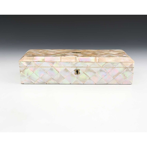 203 - A mother-of-pearl glove box, mid-19th Century, of sarcophagus form, white metal plaque, and escutche... 