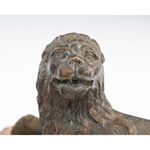 210A - A pair of Italian bronze and marble figures of lions, in the Medieval Renaissance style, modelled re... 