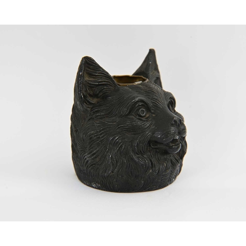 210 - A novelty patinated metal inkwell cast in the form of a cat's head, 7.5cm high