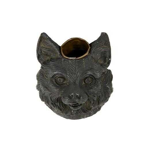 210 - A novelty patinated metal inkwell cast in the form of a cat's head, 7.5cm high