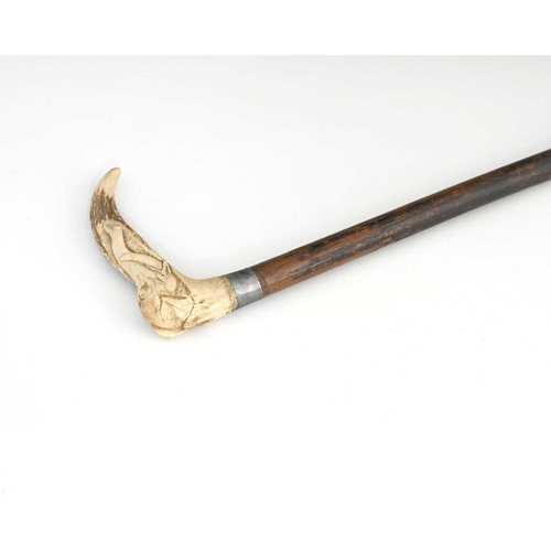 211 - A Victorian carved antler horn walking stick, the handle carved in the form of an elephant's head, 8... 