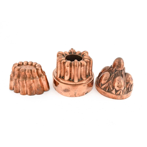 214 - Three Victorian copper jelly moulds, a circular egg cluster design stamped Temple & Crook, an oval f... 