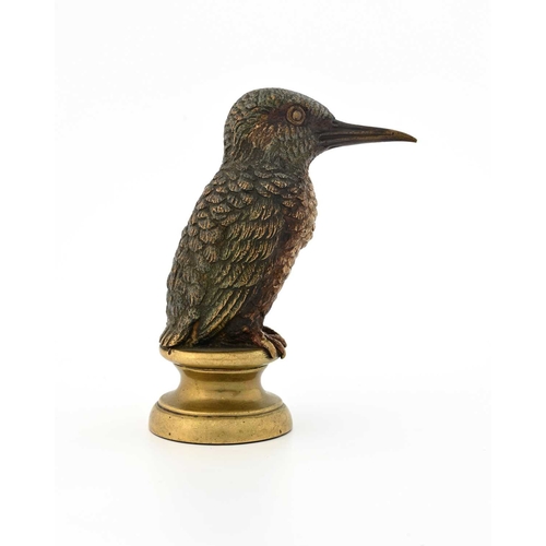 221 - An Austrian cold painted bronze figure of a kingfisher, modelled sitting on a turned socle base, 12c... 