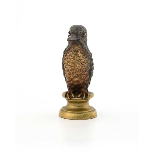 221 - An Austrian cold painted bronze figure of a kingfisher, modelled sitting on a turned socle base, 12c... 