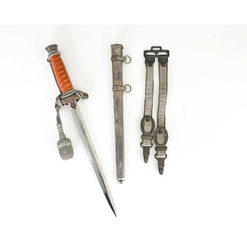 229 - A WWII German Army officer's dagger with straps and silvered portepee, blade inscribed with the make... 