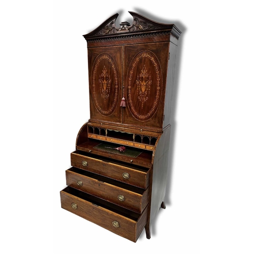 235 - An Edwardian mahogany cylinder bureau bookcase, circa 1910, crossbanded and strung throughout, broke... 