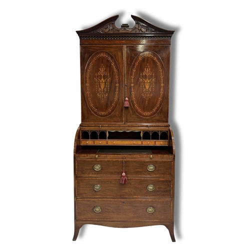 235 - An Edwardian mahogany cylinder bureau bookcase, circa 1910, crossbanded and strung throughout, broke... 