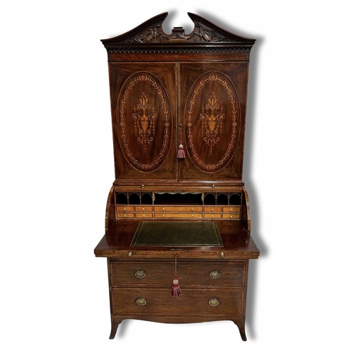 235 - An Edwardian mahogany cylinder bureau bookcase, circa 1910, crossbanded and strung throughout, broke... 