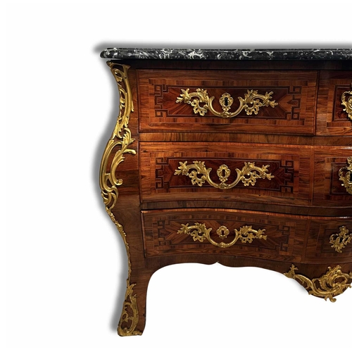 238 - A Louis XV kingwood commode, of bombe form, serpentine black and white veined marble top with moulde... 