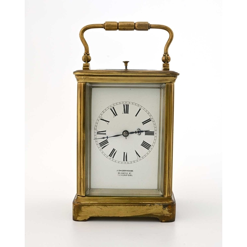 243 - A repeating carriage clock, late 19th Century, brass corniche case with visible escapement window, w... 