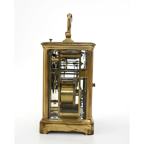 243 - A repeating carriage clock, late 19th Century, brass corniche case with visible escapement window, w... 