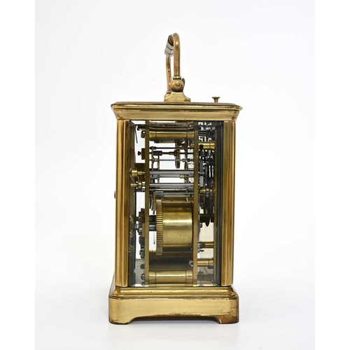 243 - A repeating carriage clock, late 19th Century, brass corniche case with visible escapement window, w... 