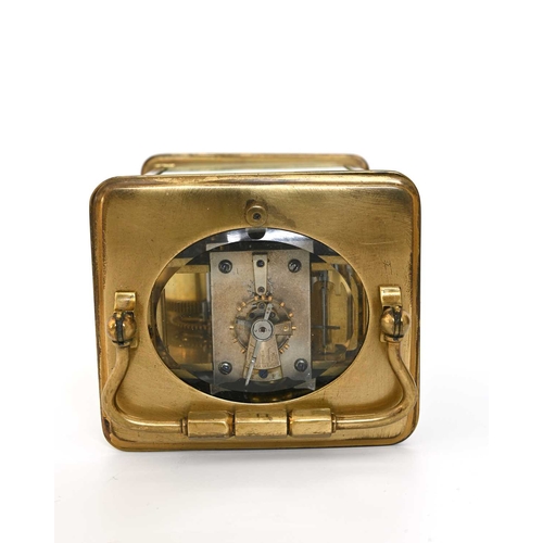 243 - A repeating carriage clock, late 19th Century, brass corniche case with visible escapement window, w... 