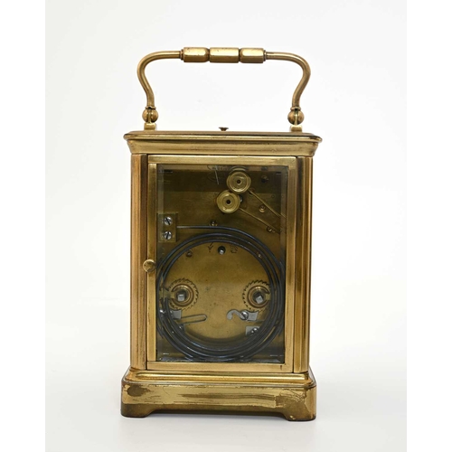 243 - A repeating carriage clock, late 19th Century, brass corniche case with visible escapement window, w... 