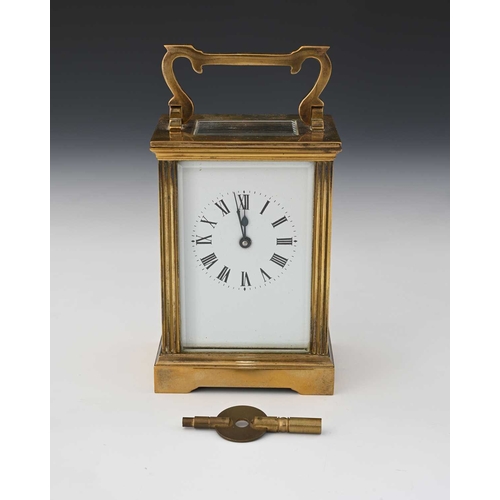 244 - A carriage timepiece, early 20th Century, brass corniche case with visible escapement window, white ... 