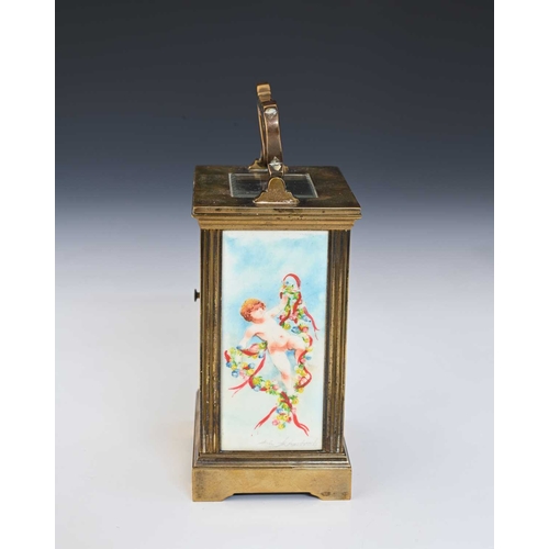 244 - A carriage timepiece, early 20th Century, brass corniche case with visible escapement window, white ... 