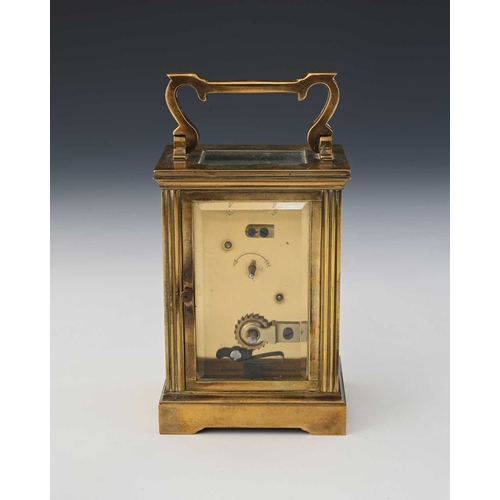 244 - A carriage timepiece, early 20th Century, brass corniche case with visible escapement window, white ... 