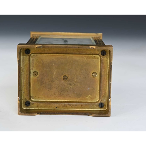 244 - A carriage timepiece, early 20th Century, brass corniche case with visible escapement window, white ... 