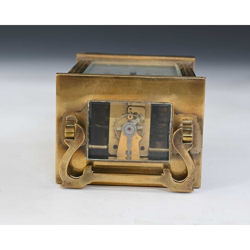 244 - A carriage timepiece, early 20th Century, brass corniche case with visible escapement window, white ... 