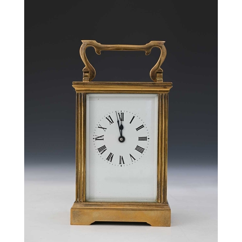 244 - A carriage timepiece, early 20th Century, brass corniche case with visible escapement window, white ... 