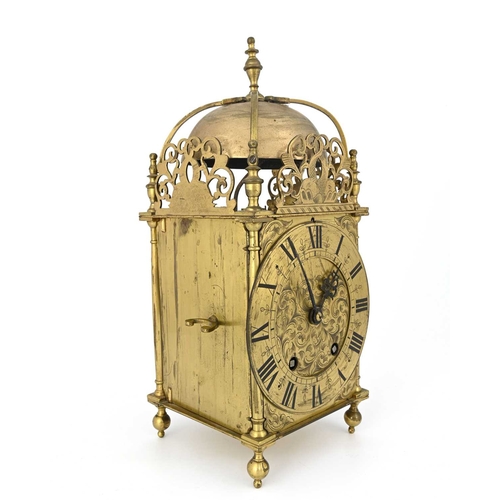 245 - A traditional brass lantern clock, 19th Century in the 17th Century style, urn finial, bell, fretwor... 