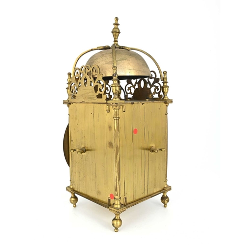 245 - A traditional brass lantern clock, 19th Century in the 17th Century style, urn finial, bell, fretwor... 