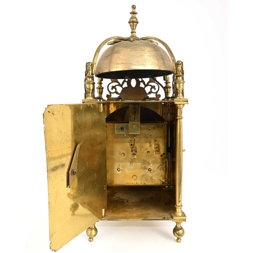 245 - A traditional brass lantern clock, 19th Century in the 17th Century style, urn finial, bell, fretwor... 