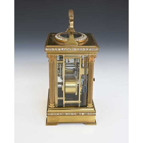 246 - A French repeating carriage clock, late 19th Century, gilt brass and paste set corniche case, visibl... 