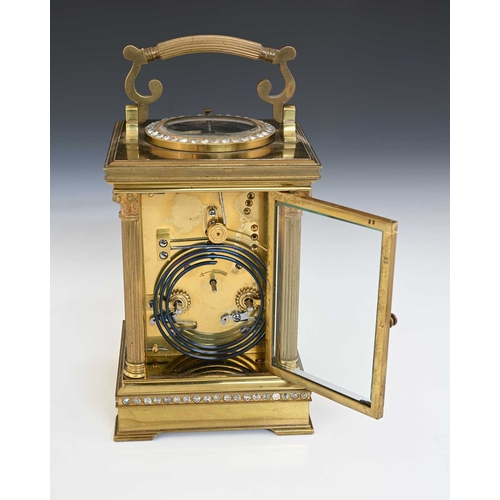 246 - A French repeating carriage clock, late 19th Century, gilt brass and paste set corniche case, visibl... 