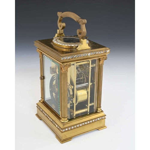 246 - A French repeating carriage clock, late 19th Century, gilt brass and paste set corniche case, visibl... 