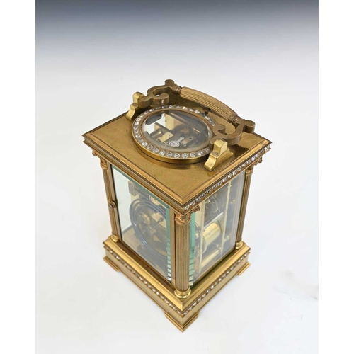 246 - A French repeating carriage clock, late 19th Century, gilt brass and paste set corniche case, visibl... 