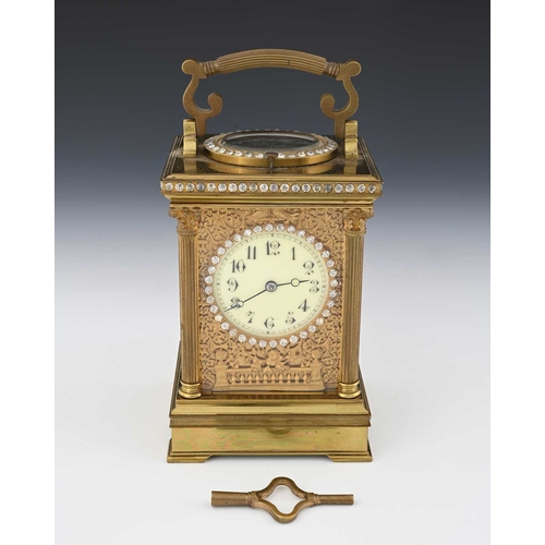 246 - A French repeating carriage clock, late 19th Century, gilt brass and paste set corniche case, visibl... 