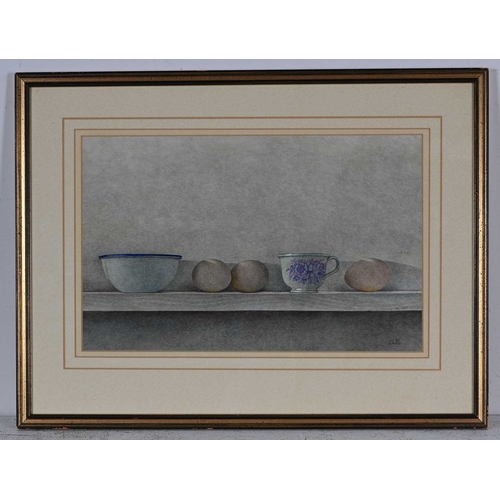 285 - Sue Read (British, 20th/21st Century), Blue Cup and Eggs, signed with initials l.r., titled verso, w... 