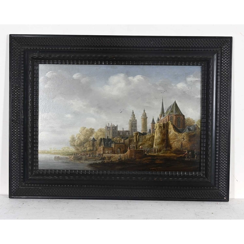 307 - Attributed to Jan Coelenbier (Belgian, c.1610-c.1680), a river landscape with a harbour scene with b... 